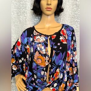 Free People Floral Print Keyhole Tie Sleeve Top